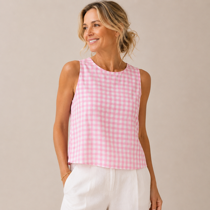 Damen Sommertop mit Karodesign und ärmellosem Schnitt von vorn