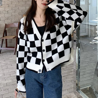 Damen Grobstrick Cardigan Mit Karomuster Schwarz Weiss