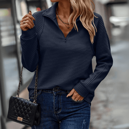 Damen Strukturpullover mit hohem Kragen und Halbzip