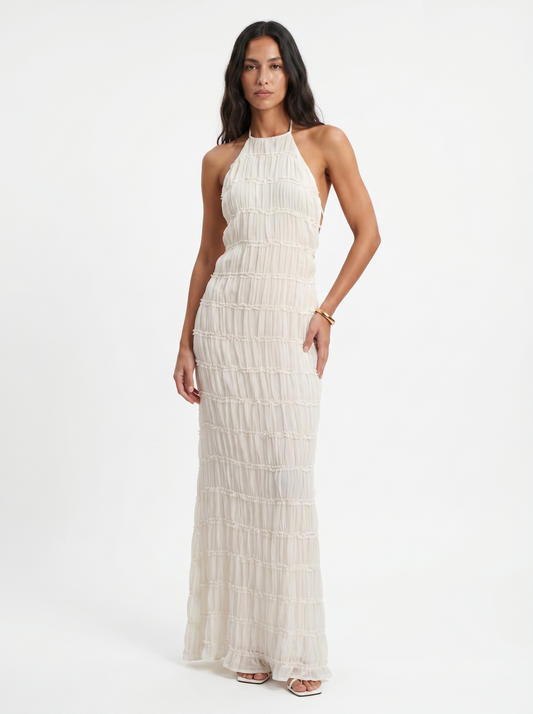 Damen Maxikleid mit Halterneck und Volants in Vorderansicht