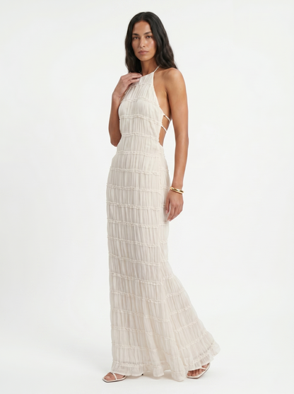 Damen Maxikleid mit Halterneck und Volants in Rückansicht