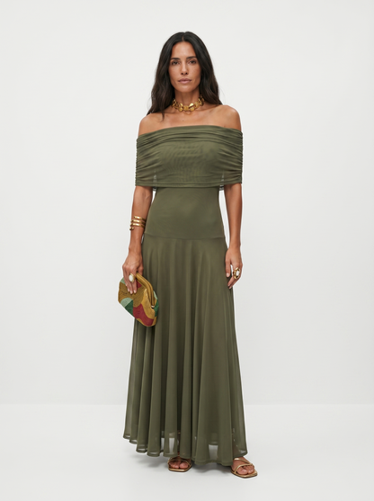 Damen Maxikleid Off Shoulder Drapiert Elegant