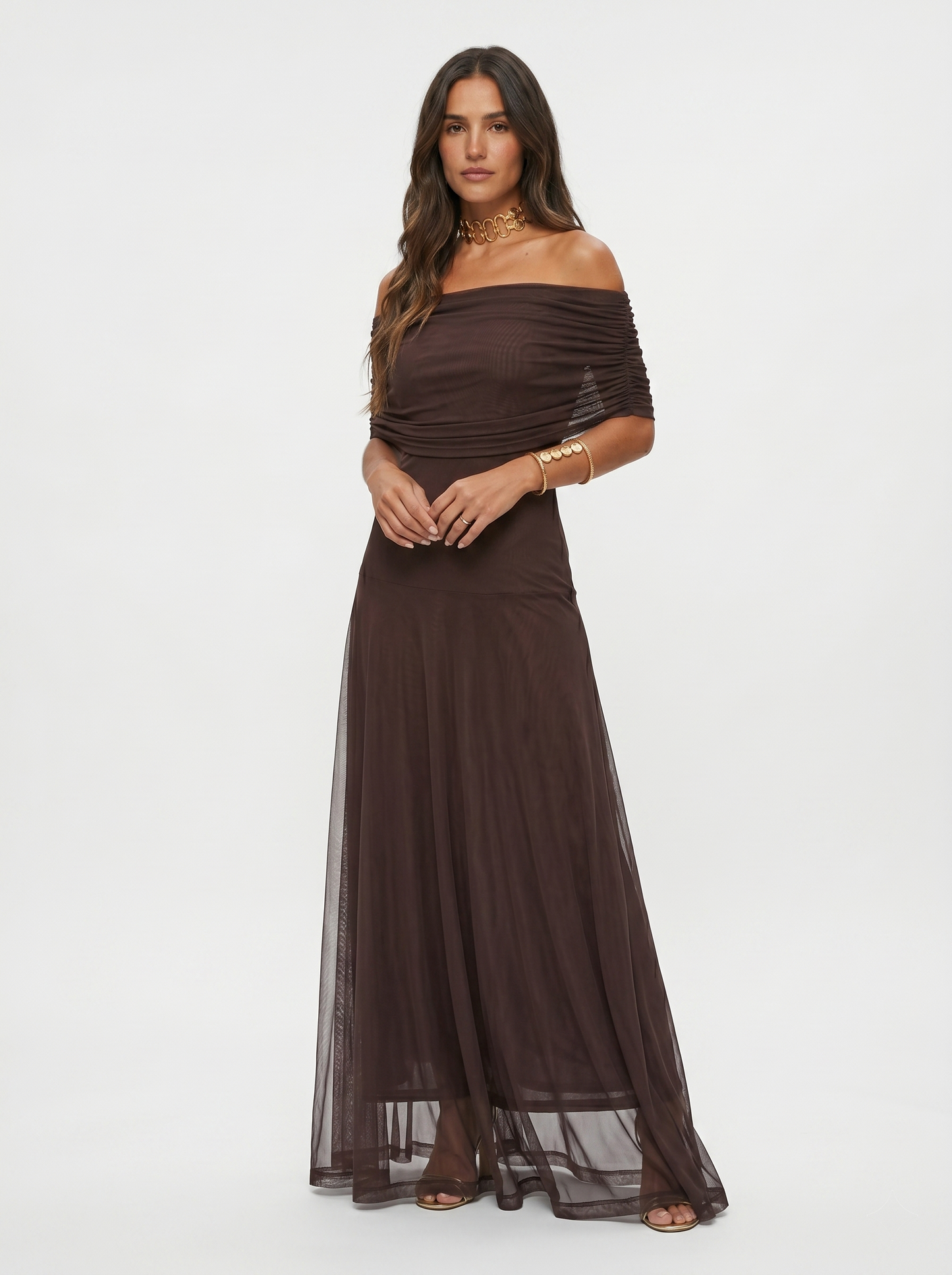 Damen Maxikleid Off Shoulder Drapiert Elegant