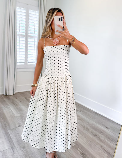 Schwarz-weisses A-Linien-Midikleid für Damen mit gepunktetem Retro-Design