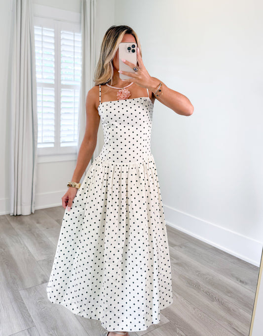 Damen Midikleid in Schwarz-Weiss mit Polka-Dot-Muster und Spaghettiträgern