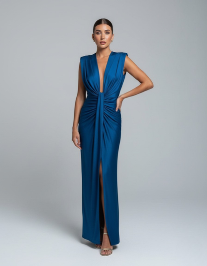 Damen-Maxikleid mit tiefem V-Ausschnitt und langem Schlitz in der Vorderansicht