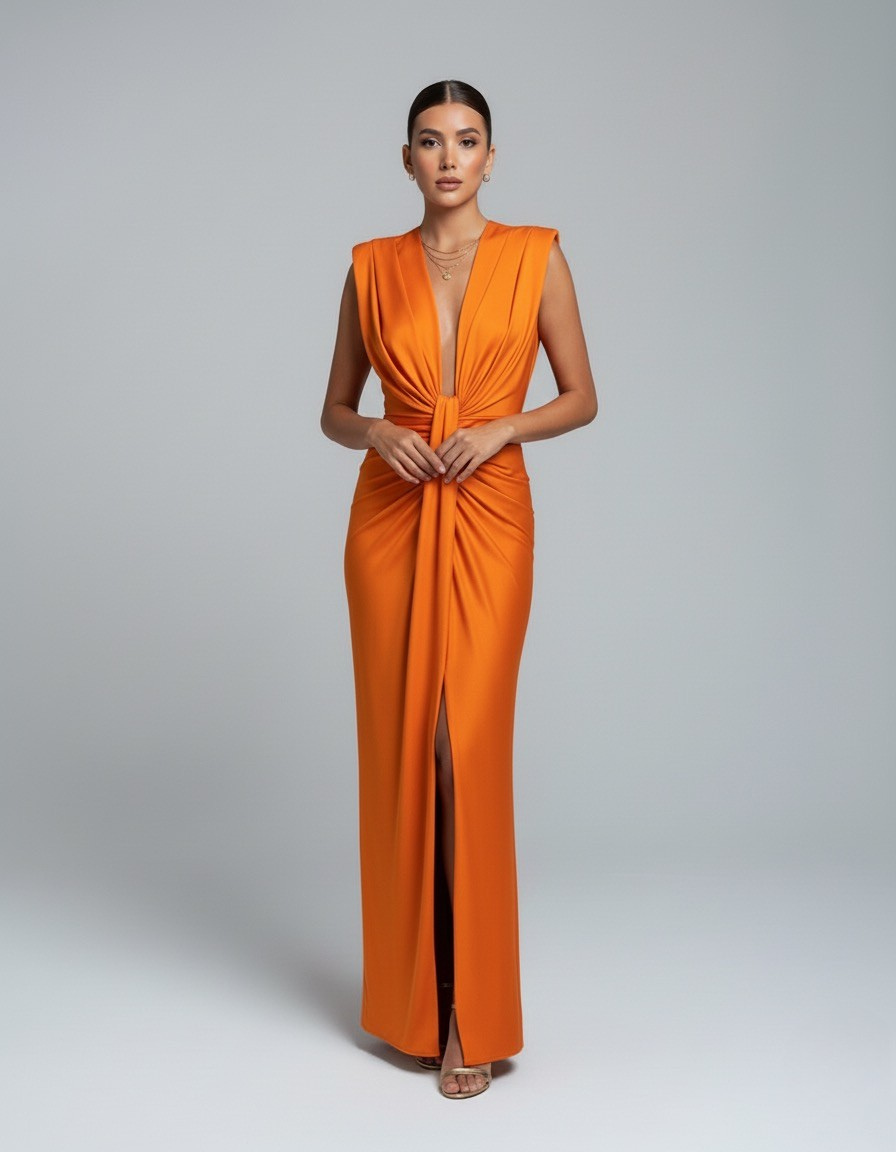 Langes Damenkleid mit V-Ausschnitt und stilvollem Schlitz