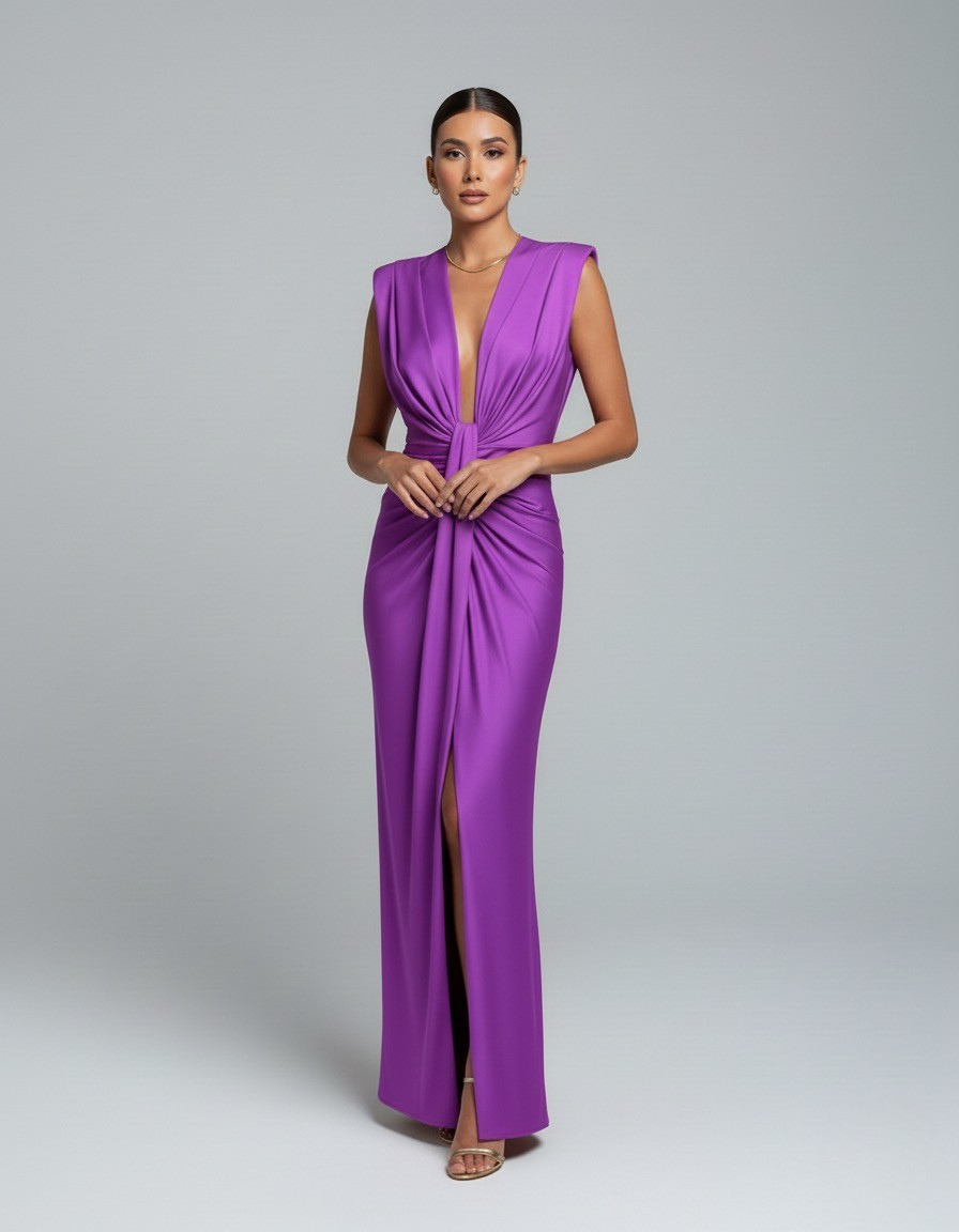 Detailaufnahme des tiefen V-Ausschnitts am Damen-Maxikleid