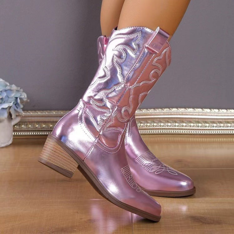 Damen Cowboystiefel Mit Mittelhohem Blockabsatz Aus Kunstleder