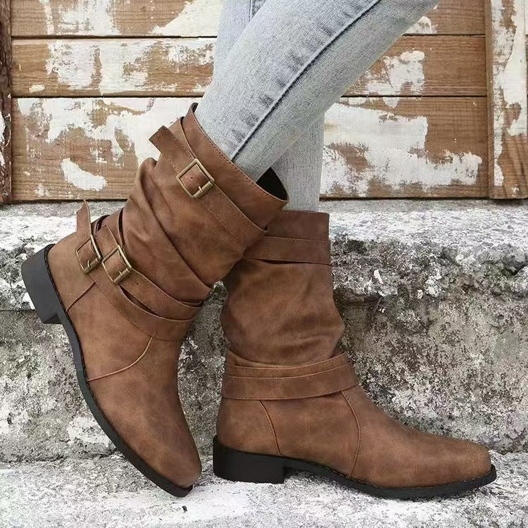 Damen-Slouch-Stiefel mit mittlerem Schaft und robustem Blockabsatz