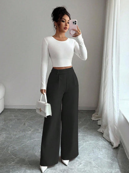 Damen Weite High Waist Hose Mit Knopfdetail