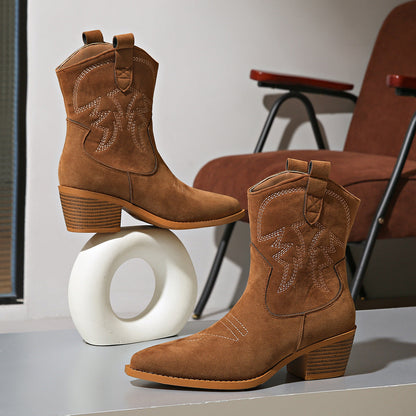 Damen-Westernboots mit eckigem Blockabsatz und kurzem Schaft
