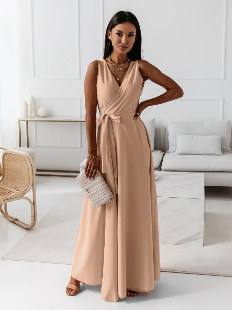 Langes Damen Kleid V-Ausschnitt, Einfarbig, Elegant für Partys & Alltag