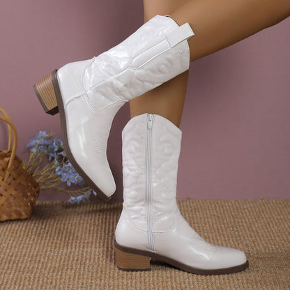 Damen Cowboystiefel Mit Mittelhohem Blockabsatz Aus Kunstleder