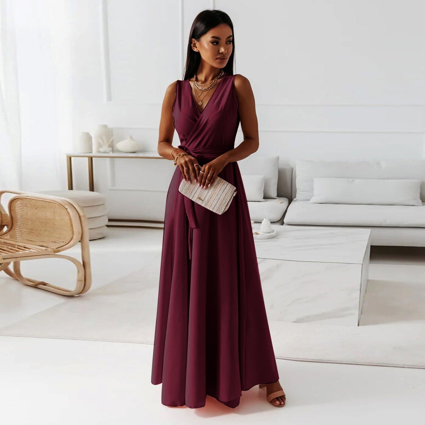 Langes Damen Kleid V-Ausschnitt, Einfarbig, Elegant für Partys & Alltag