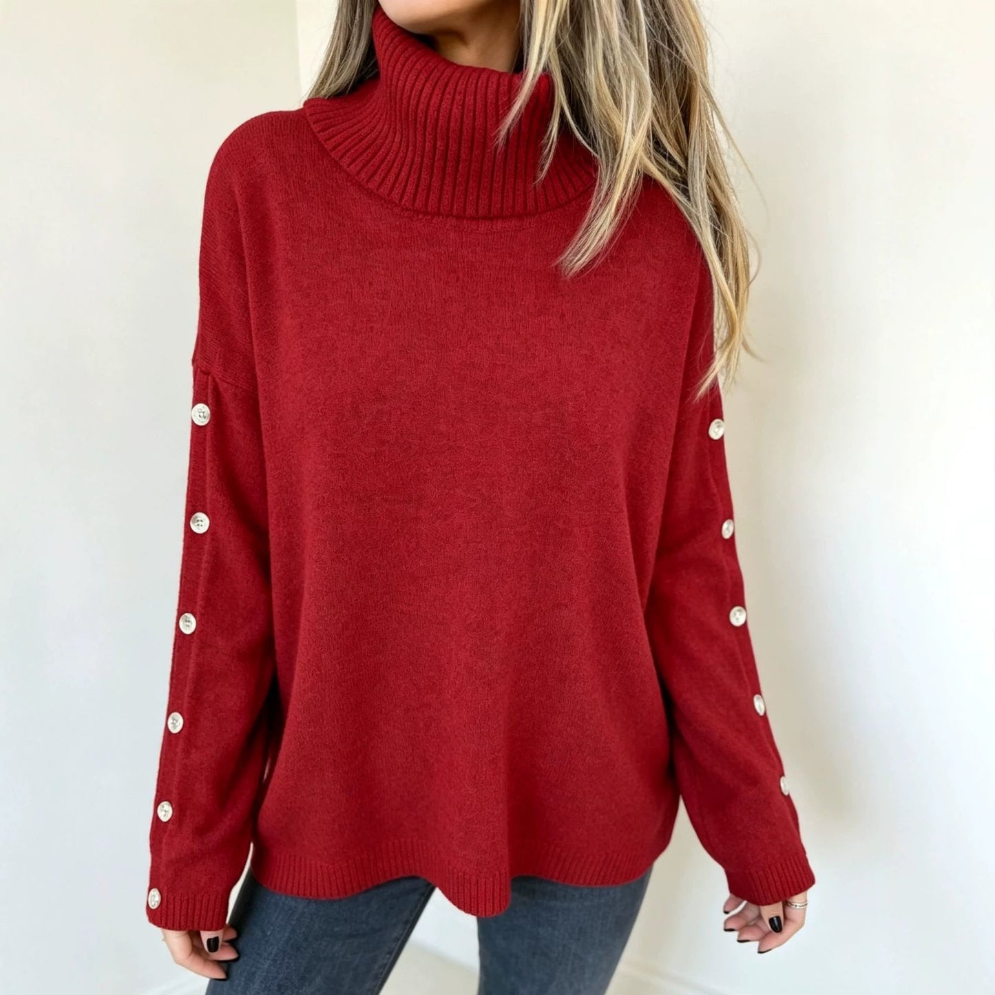 Oversize-Rollkragenpullover mit dekorativen Knöpfen am Hals