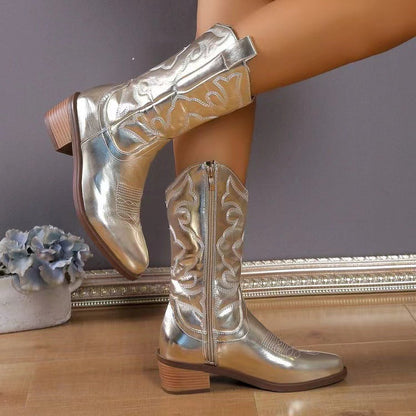 Damen Cowboystiefel Mit Mittelhohem Blockabsatz Aus Kunstleder