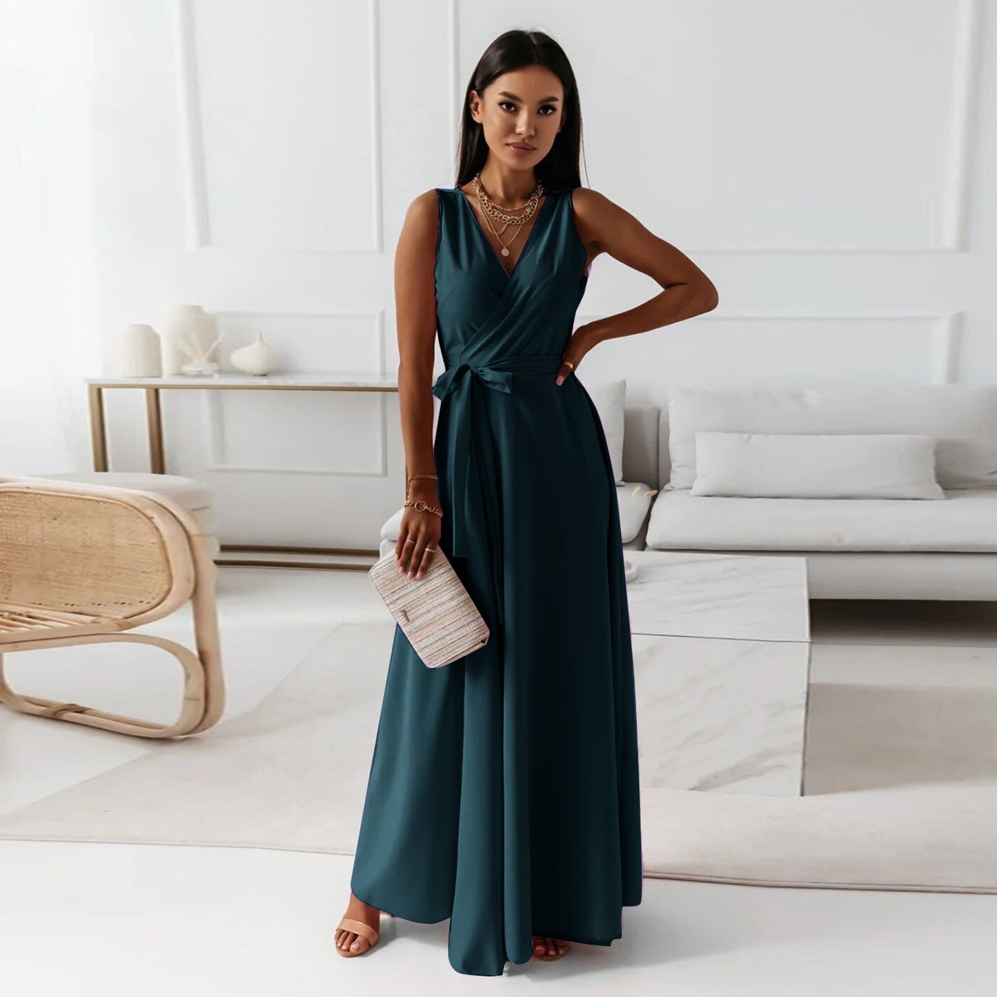 Langes Damen Kleid V-Ausschnitt, Einfarbig, Elegant für Partys & Alltag