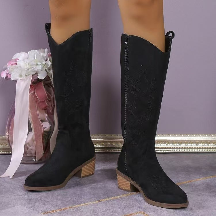 Damen Kniestiefel Im Westernstil Mit Mittelhohem Blockabsatz