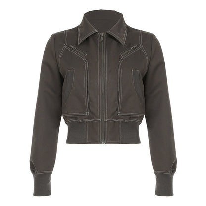 Damen Cropped Jacke Mit Reissverschluss Und Taschen