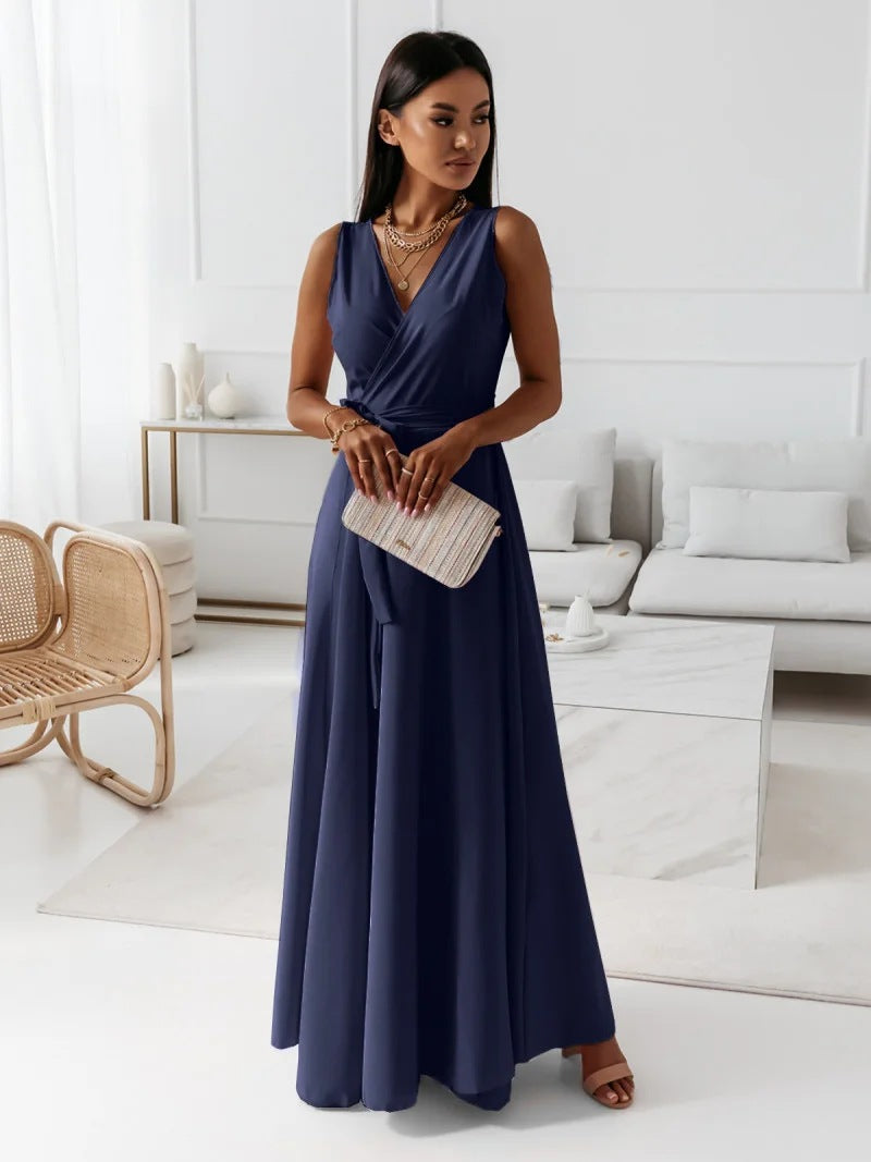 Langes Damen Kleid V-Ausschnitt, Einfarbig, Elegant für Partys & Alltag