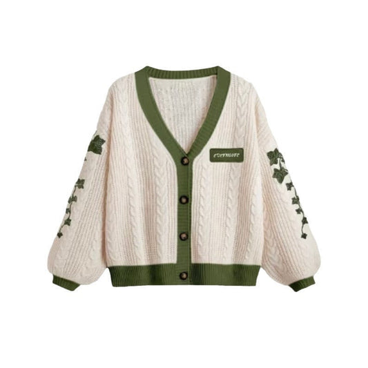 Damen Oversize-Cardigan mit dekorativem Zopfmuster und Blumenstickerei an den Ärmeln