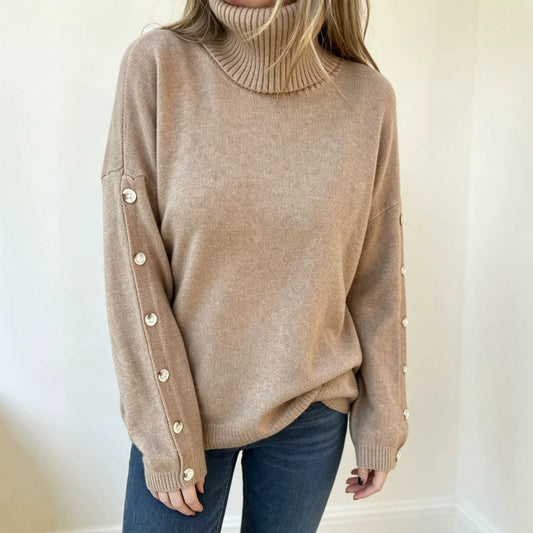 Damen-Oversize-Rollkragenpullover mit Knöpfen an der Vorderseite
