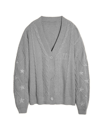 Damen Grobstrick Cardigan Mit Zopfmuster Und Sternstickerei