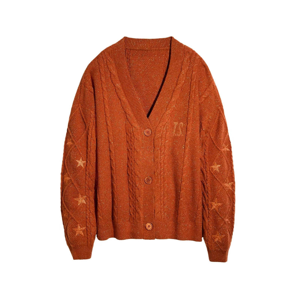 Damen-Grobstrick-Cardigan mit Zopfmuster und Sternstickerei
