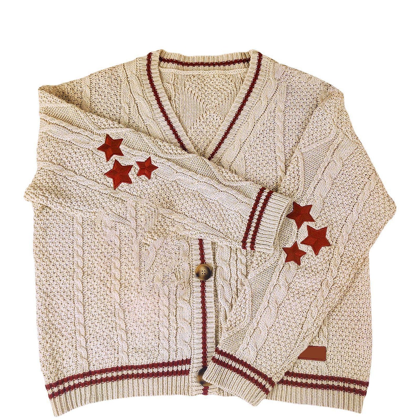 Damen Oversized Zopfstrick Cardigan Mit Sternapplikationen
