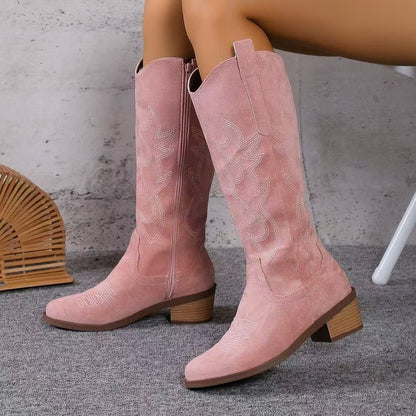 Damen Kniestiefel Im Westernstil Mit Mittelhohem Blockabsatz