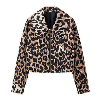 Damen Cropped Jacke Im Leopardenmuster Mit Druckknöpfen