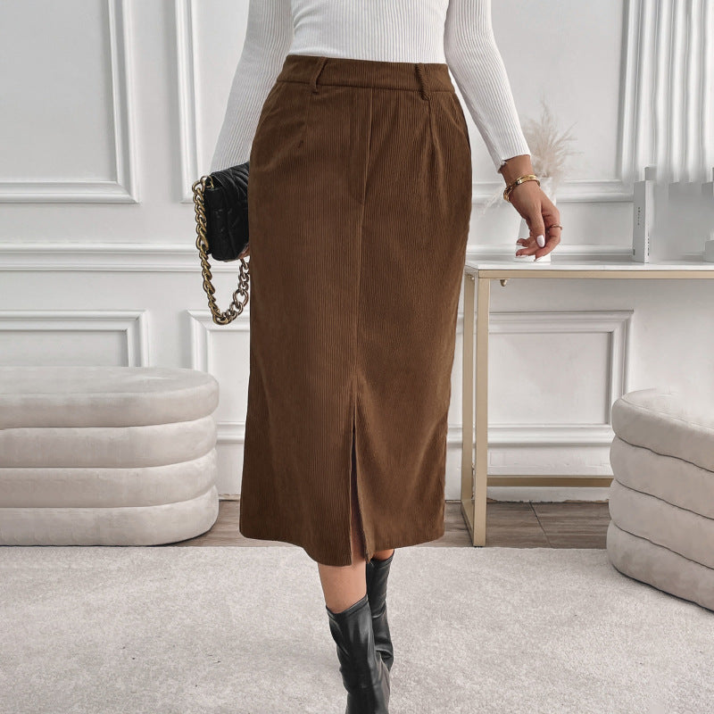 Damen Cord Midirock mit Eingrifftaschen und mittigem Schlitz
