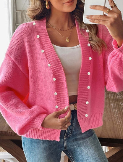 Damen-Strickjacke mit Ballonärmeln und stilvollen Perlenknöpfen