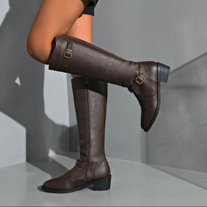 Damen Kniehohe Reitstiefel Mit Schnallen Und Blockabsatz