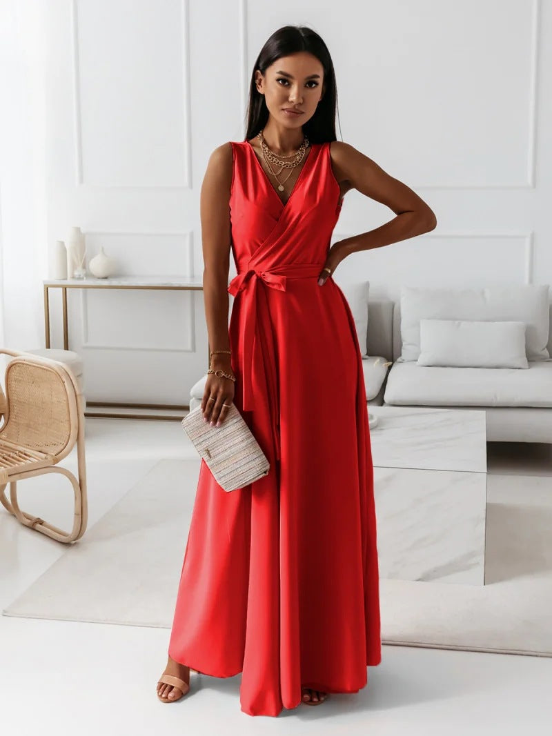 Langes Damen Kleid V-Ausschnitt, Einfarbig, Elegant für Partys & Alltag