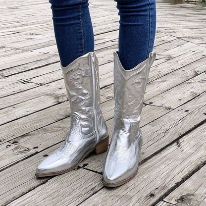 Damen Cowboystiefel Mit Mittelhohem Blockabsatz Aus Kunstleder