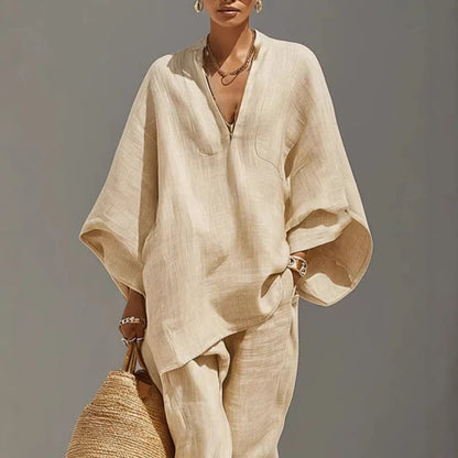 Damen Zweiteiler aus Leinen im Boho Stil als komplettes Sommer-Outfit