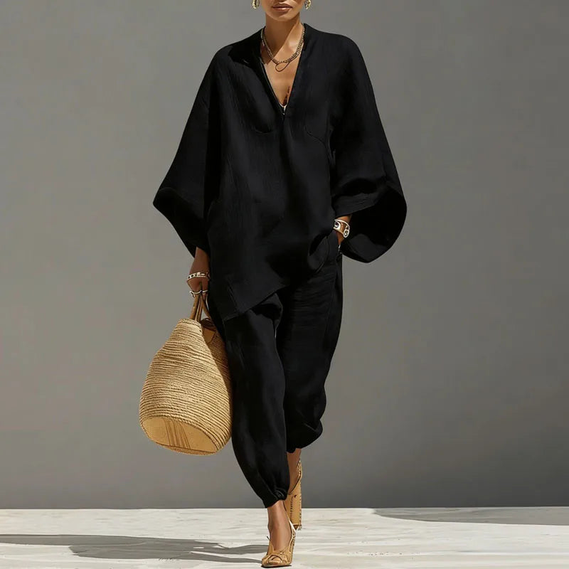 Damen Outfit aus zwei Teilen in Leinenlook mit sommerlichem Boho Flair