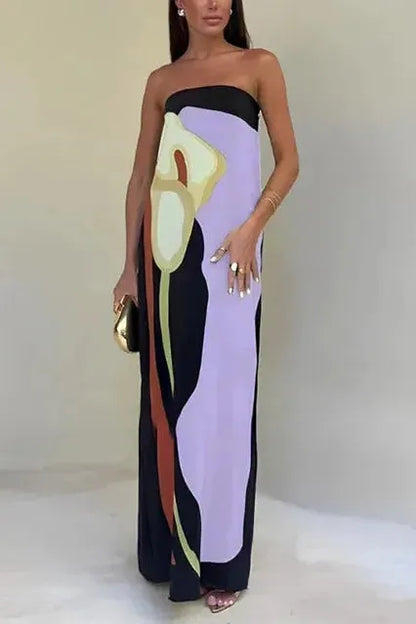 Damen Maxikleid Schulterfrei Mit Abstraktem Print