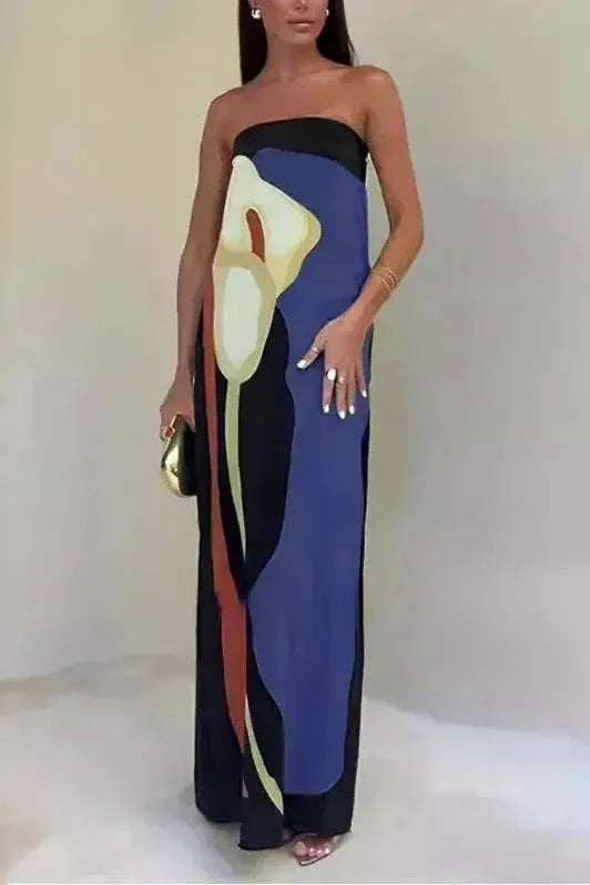 Damen Maxikleid Schulterfrei Mit Abstraktem Print