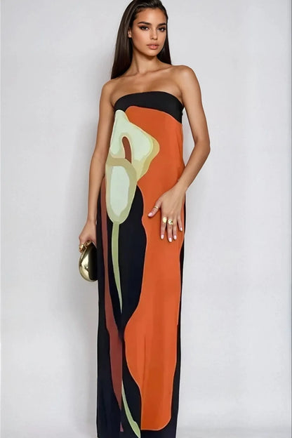Damen Maxikleid Schulterfrei Mit Abstraktem Print