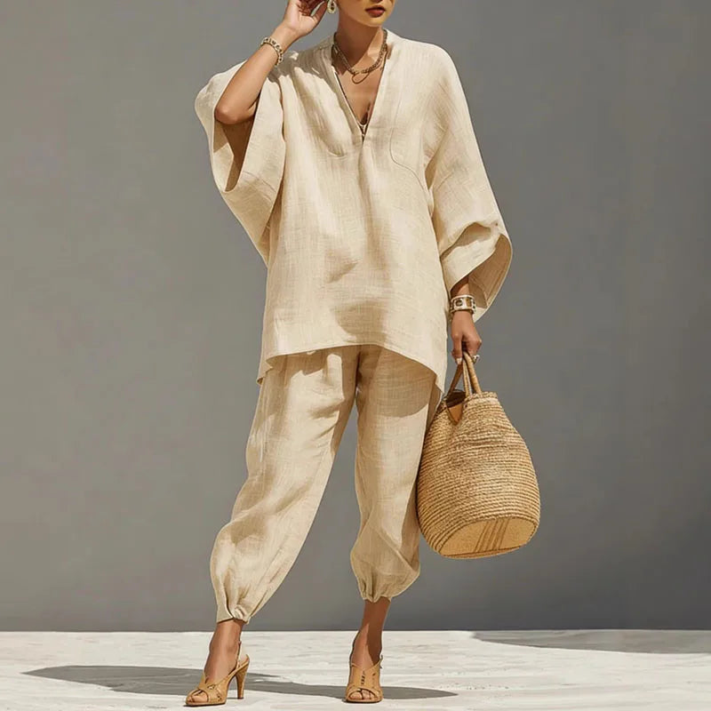 Damen Zweiteiler mit weitem Oberteil und passendem Unterteil im Boho Stil