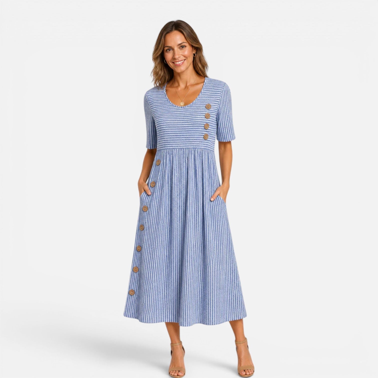 Damen Midi Kleid mit Streifen, Knopfleiste und Taschen in Vorderansicht