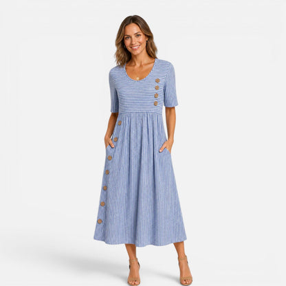 Damen Midi Kleid Gestreift Mit Knopfleiste