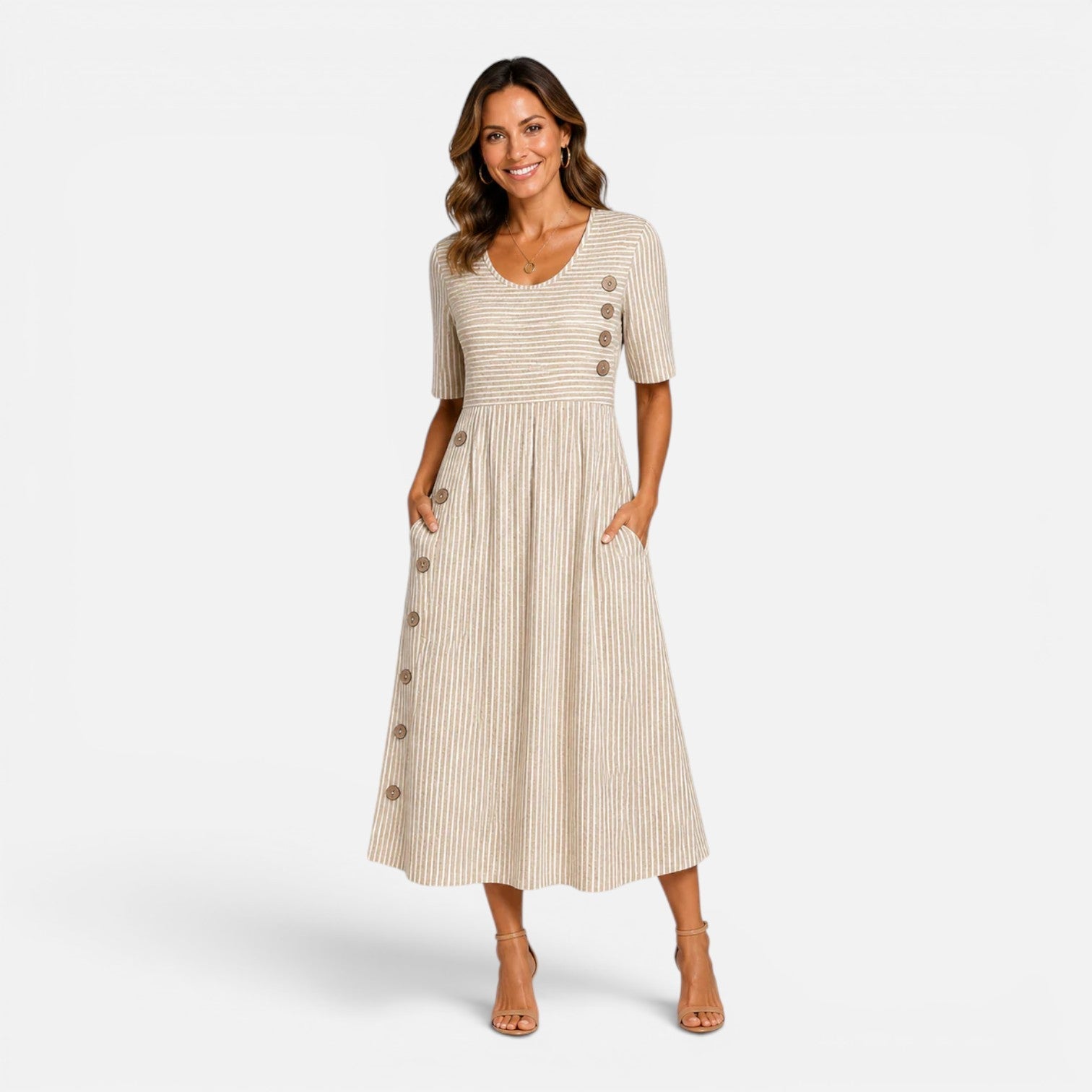 Damen Midi Kleid mit Streifen und Taschen in Rückansicht