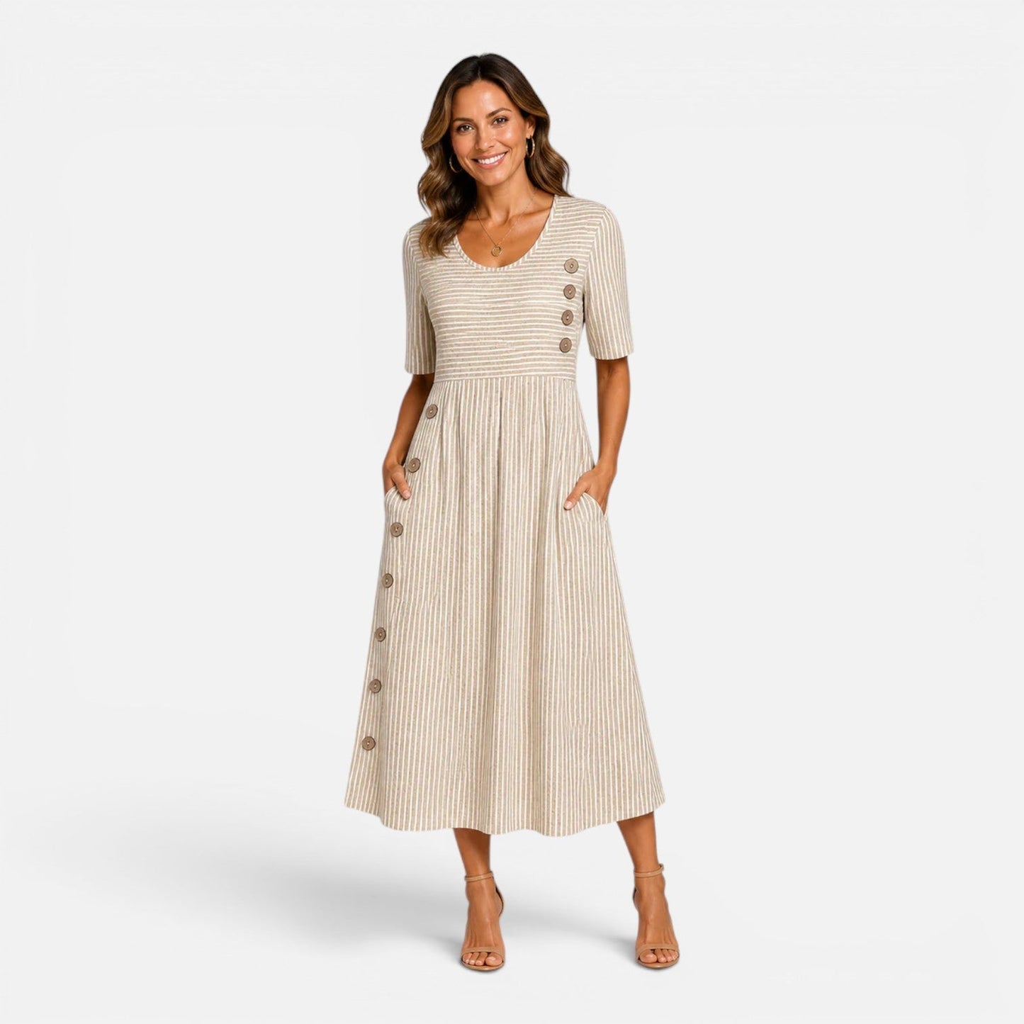Damen Midi Kleid Gestreift Mit Knopfleiste