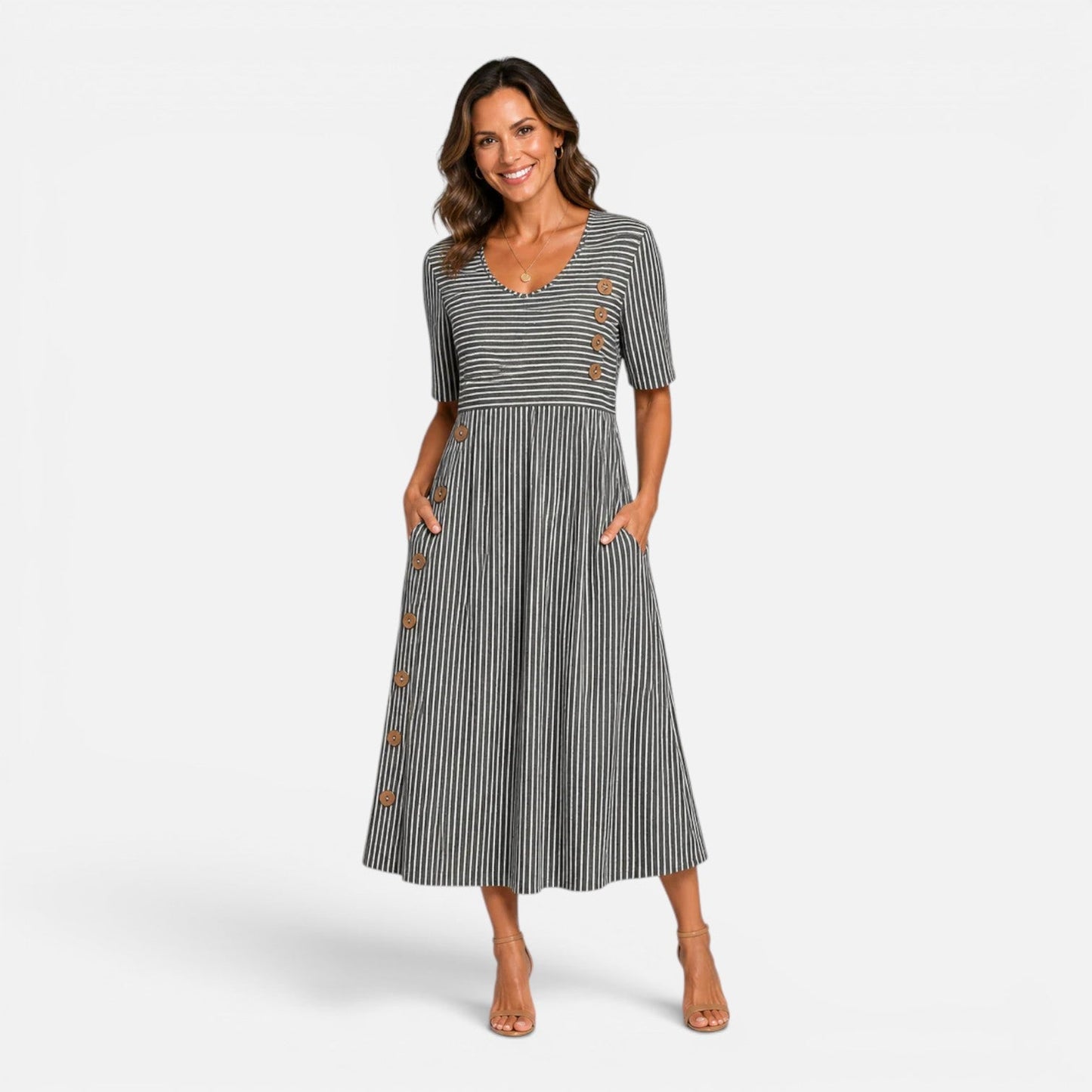 Gestreiftes Damen Midi Kleid mit Knopfleiste in Seitenansicht