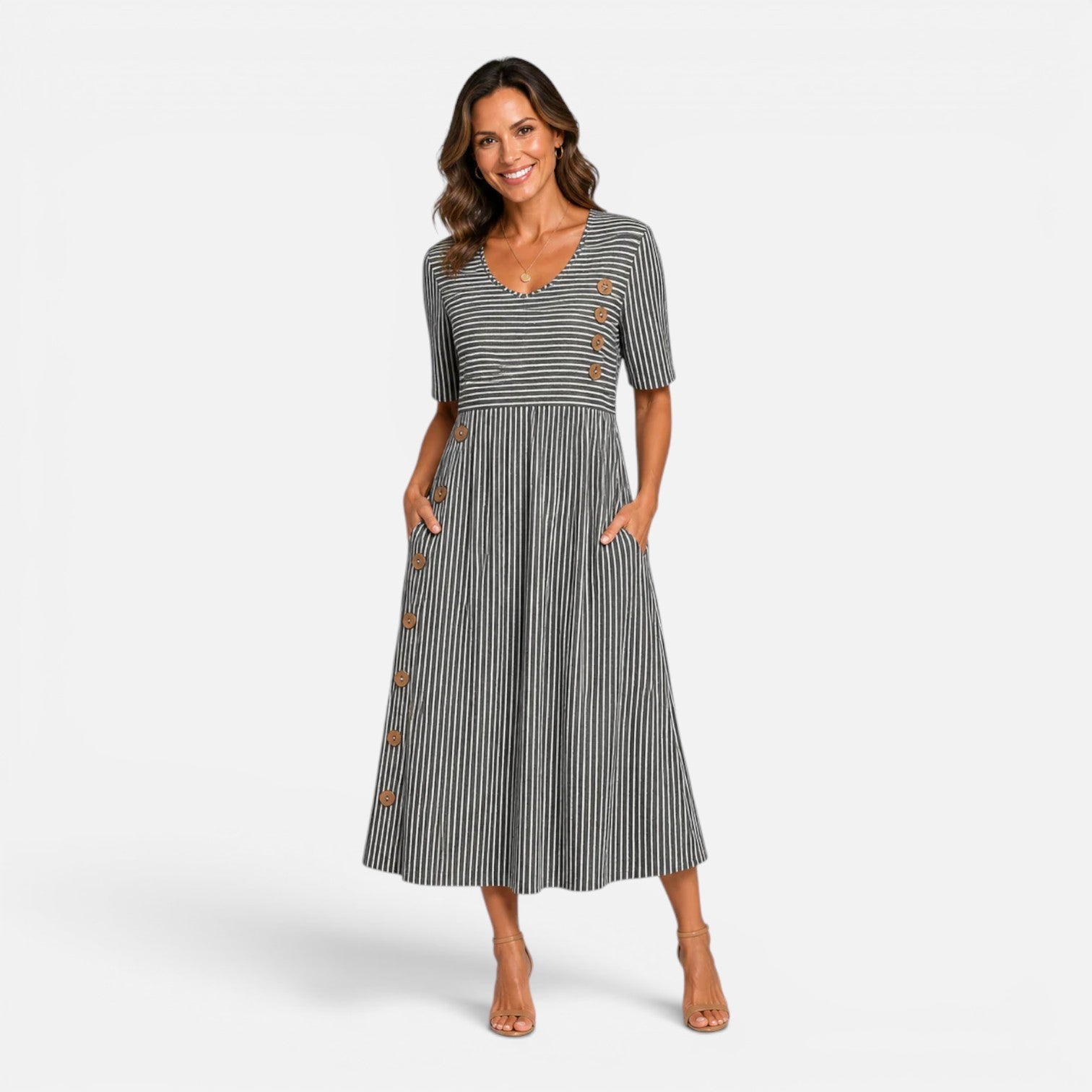 Gestreiftes Damen Midi Kleid mit Knopfleiste in Seitenansicht