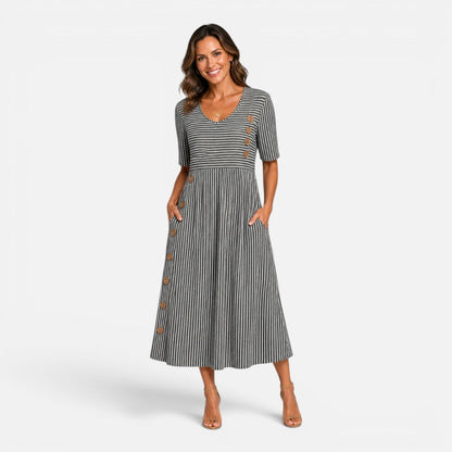 Gestreiftes Damen Midi Kleid mit Knopfleiste in Seitenansicht